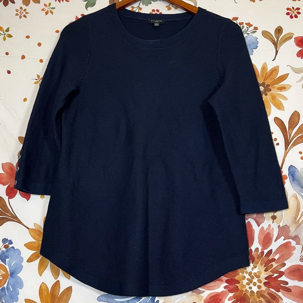 Talbots MP Dark Blue Textured Button Sleeve Office Workwear Fall Preppy Sweater